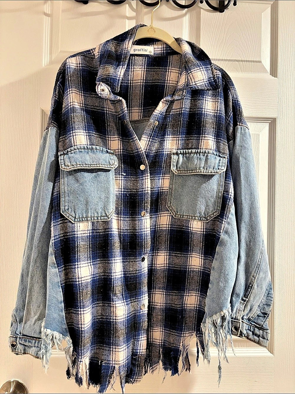 Graffiti Plaid Denim Jacket Size Medium